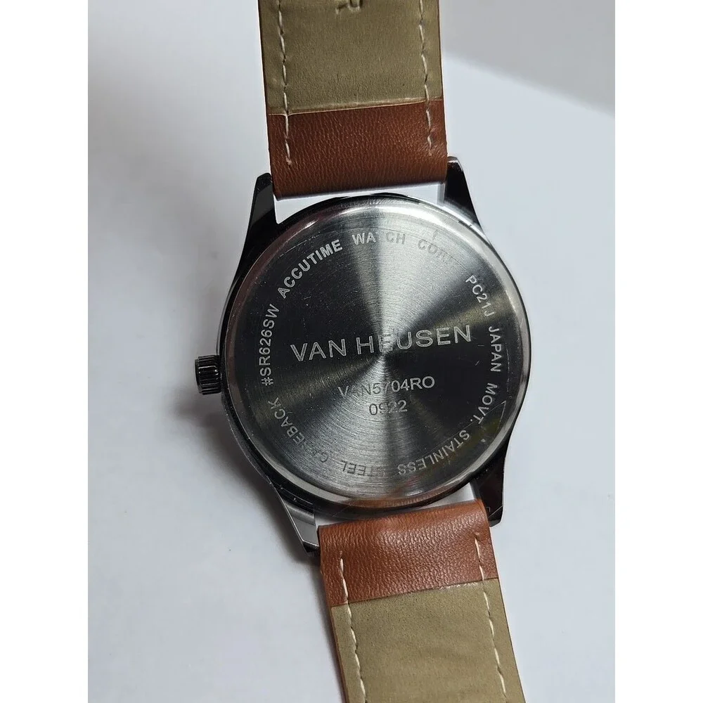 Van Heusen VAN5704RO Mens Black Multi Dial Leather Quartz Watch New Battery